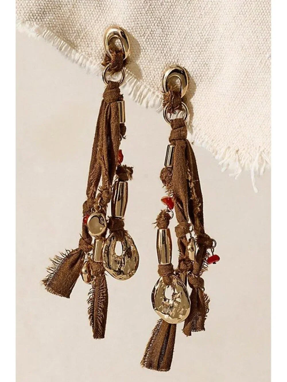 ☀️ Free People Pretty Baby Statement Dangle Earrings Brown Gold Fringe Boho NWT